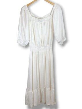 4Our Dreamers Linen Blend Peasant Milkmaid Dress Sz M Cottagecore Smocked Ruffle
